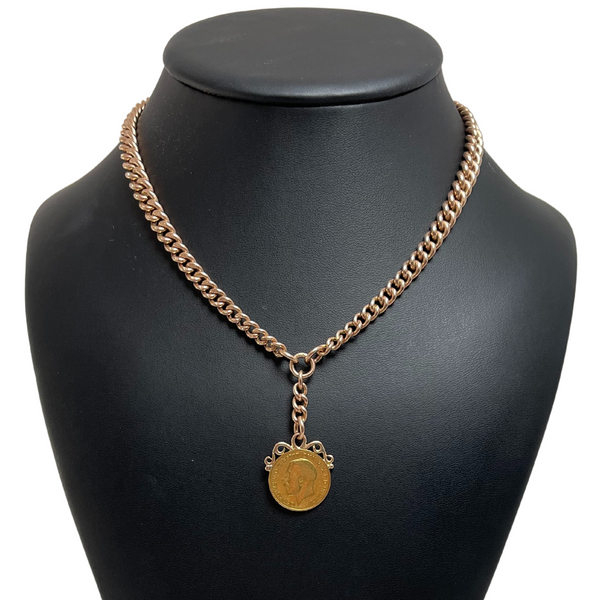 Antique English 9k Gold Watch Chain Necklace with 1911 Sovereign Coin Pendant + Montreal Estate Jewelers