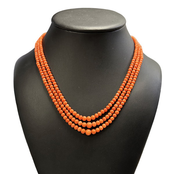 Daisy Exclusive Graduated Triple Strand Mediterranean Coral 18k Gold Necklace + Montreal Estate Jewelers