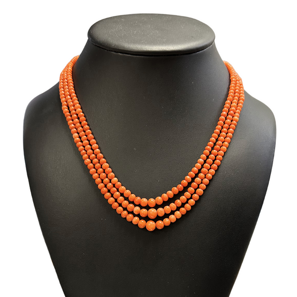 Estate 14K Gold Triple Strand Natural Coral Bead Necklace with