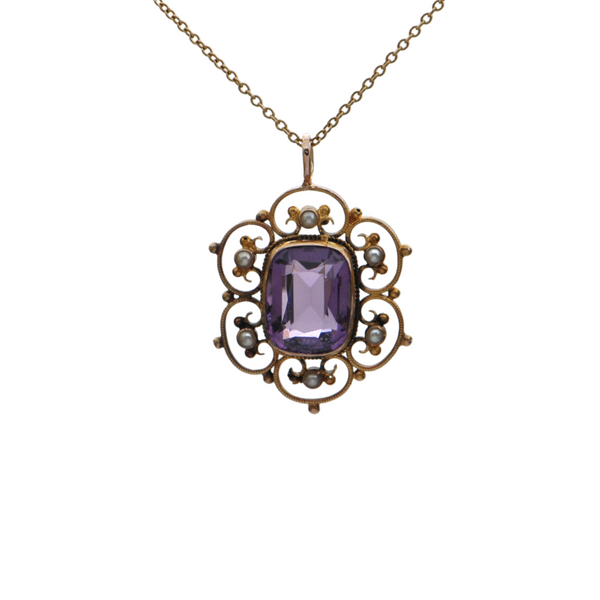 Antique 14k Yellow Gold Amethyst and Seed Pearl Pendant