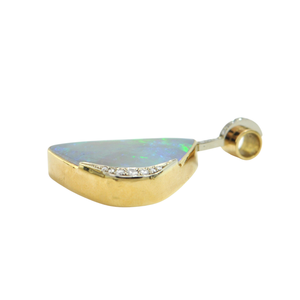 Mid-Century Australian Opal and Diamond 18K Yellow Gold Pendant C.1970's-1980's + Montreal Estate Jewelers