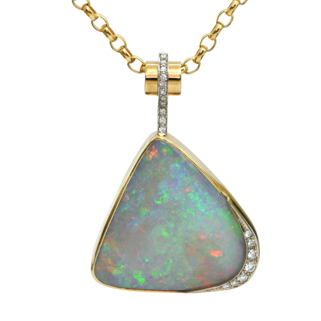 Mid-Century Australian Opal and Diamond 18K Yellow Gold Pendant C.1970's-1980's + Montreal Estate Jewelers