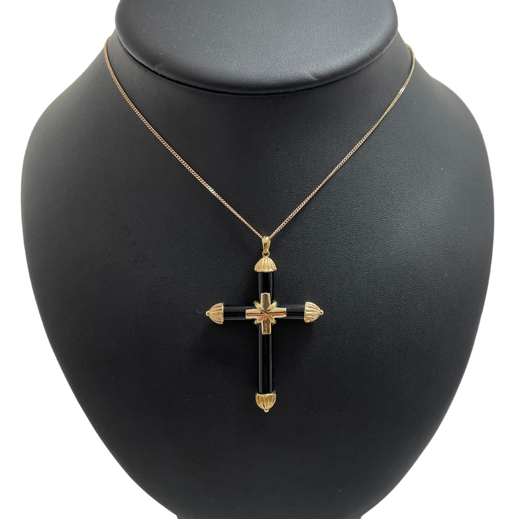 Vintage 14K Yellow Gold and Onyx Cross Pendant + Montreal Estate Jewelers