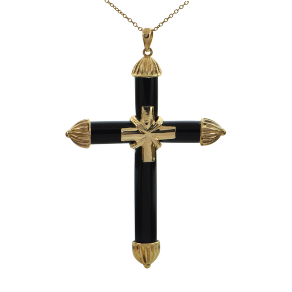 Vintage 14K Yellow Gold and Onyx Cross Pendant + Montreal Estate Jewelers