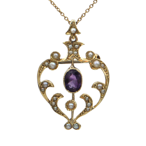 Edwardian Amethyst and Seed Pearl 14K Yellow Gold Pendant + Montreal Estate Jewelers