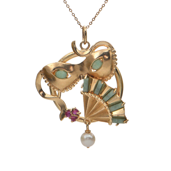 Mardi Gras Masquerade Mask and Fan with Rubies and Jade 14K Gold Pendant C.1960 + Montreal Estate Jewelers