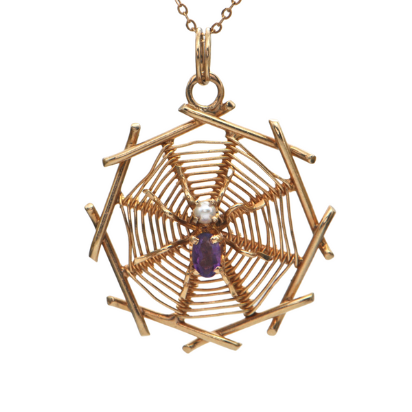 Vintage Pearl and Amethyst 14k Gold Spider and Web Pendant + Montreal Estate Jewelers