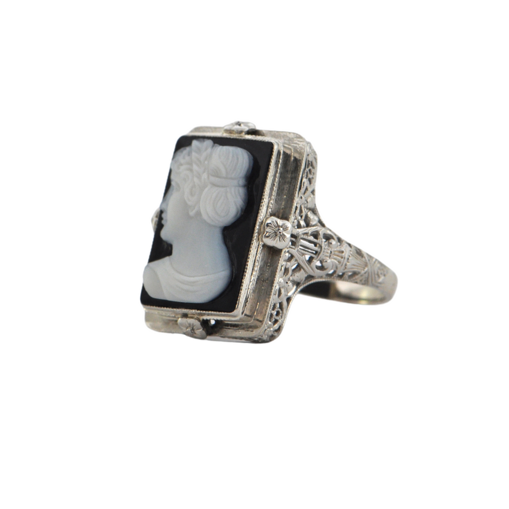 Vintage Hardstone Cameo 14K White Gold Ring + Montreal Estate Jewelers