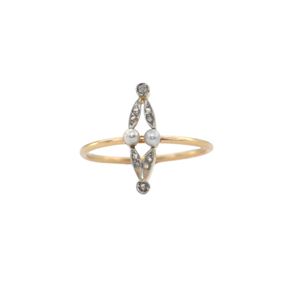 Antique 18K Gold and Platinum Diamond and Pearl Stickpin Ring (C.1880) + Montreal Estate Jewelers