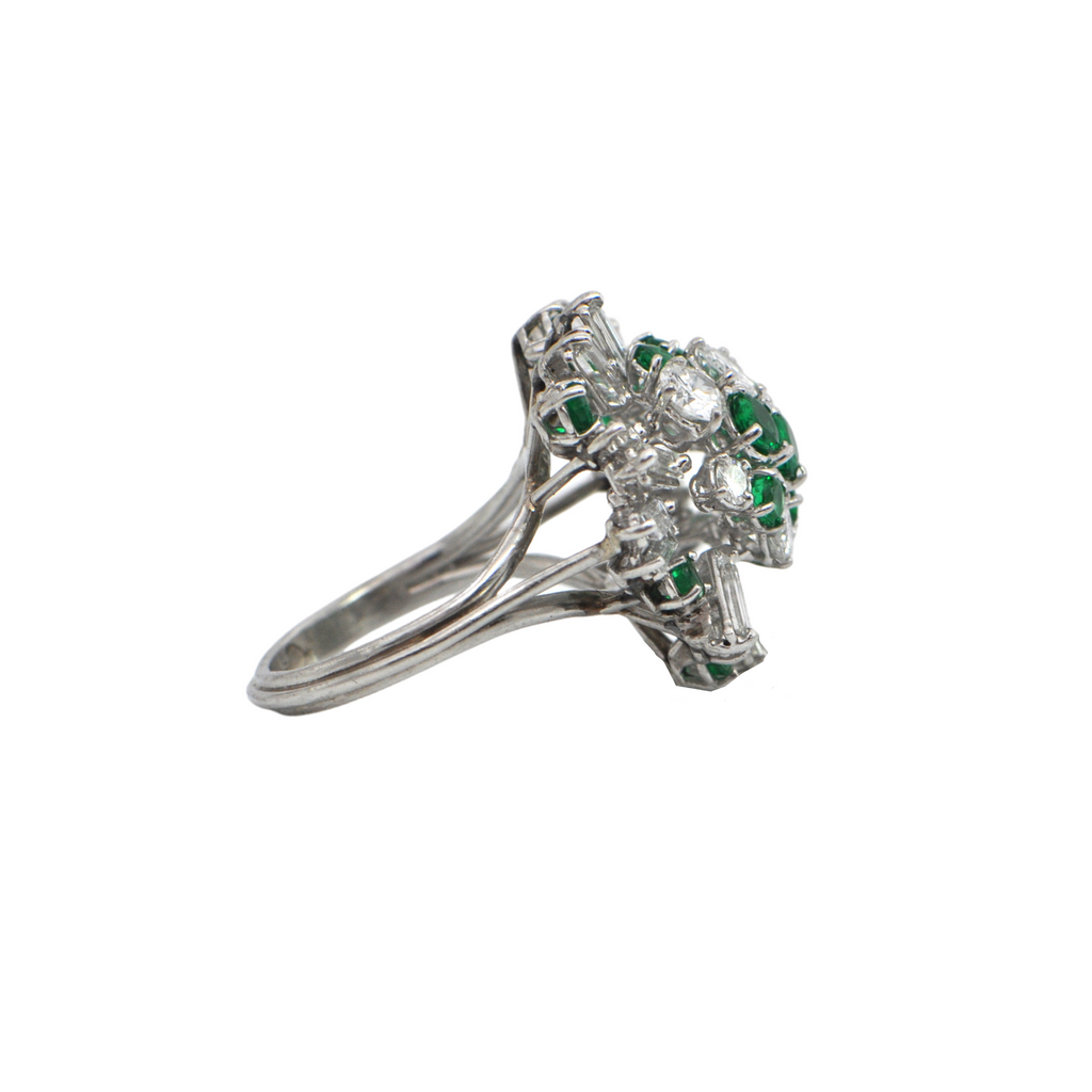 Vintage Diamond and Sandawana Emerald Cluster Cocktail Gold Ring + Montreal Estate Jewelers