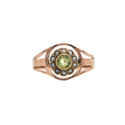 Antique 14K Rose Gold Peridot and Seed Pearl Ring + Montreal Estate Jewelers