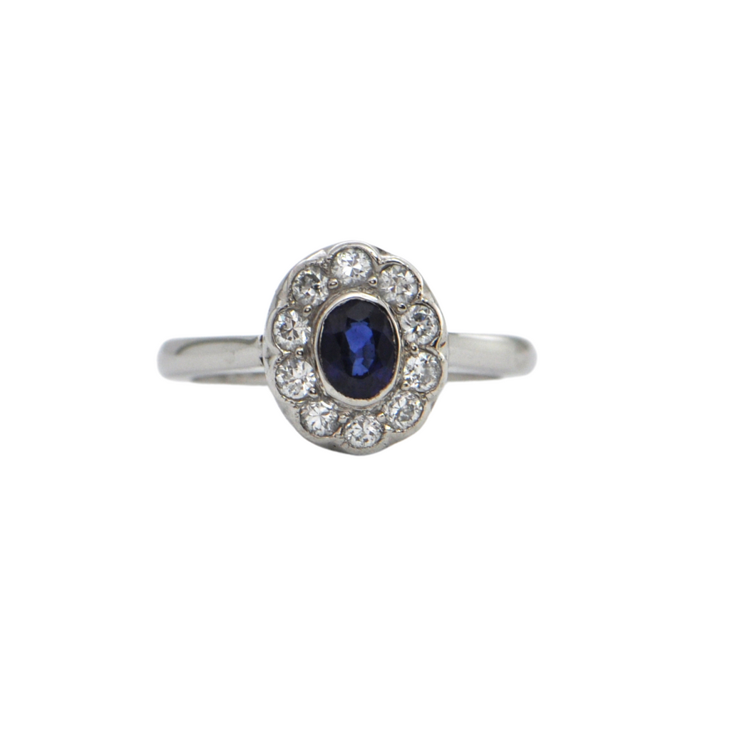 Vintage Sapphire and Diamond 18k Gold Cluster Ring + Montreal Estate Jewelers