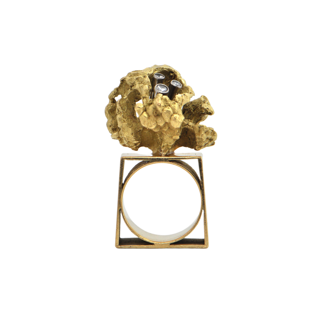 Mid-Century Brutalist Style Diamond 18k Gold Ring-Attributed to Walter Schluep + Montreal Estate Jewelers