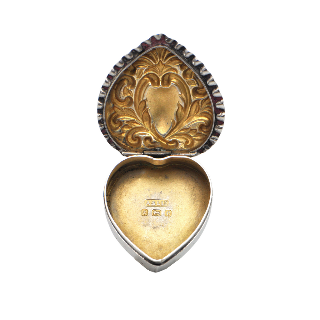 Antique English (Birmingham) Sterling Silver Heart Shaped Pill Box By, Adie Lovekin Ltd Dated 1902 + Montreal Estate Jewelers