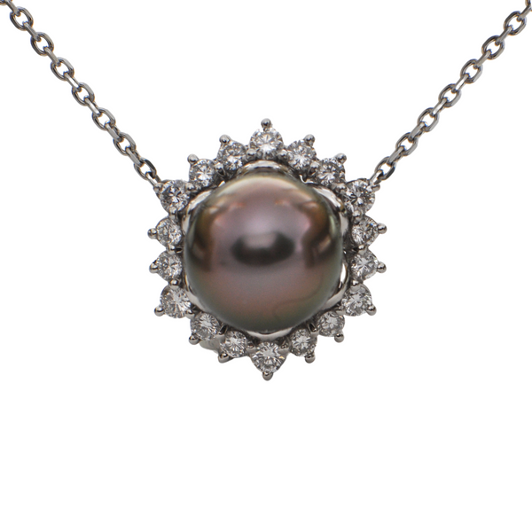 Daisy Exclusive Peacock color Tahitian Pearl and Diamond Platinum Necklace + Montreal Estate Jewelers