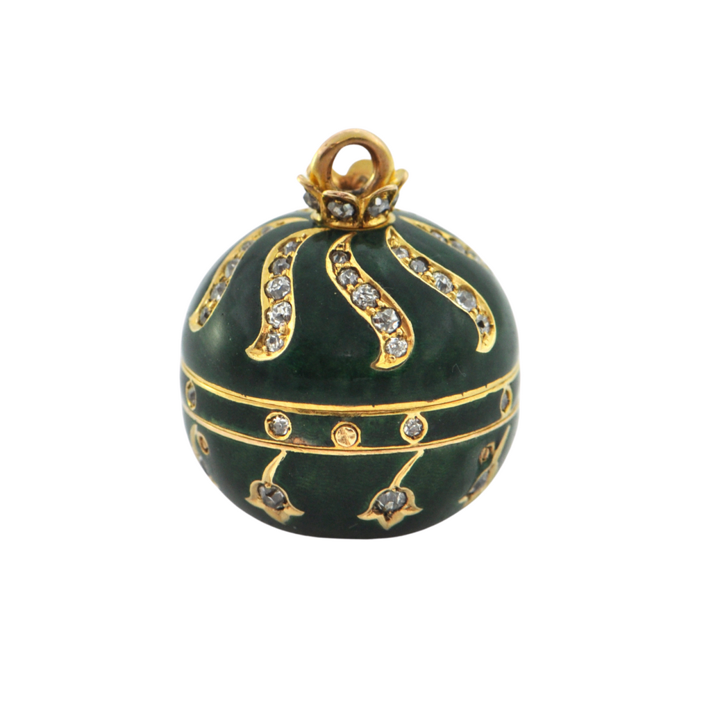 Antique French Green Enamel 18K Yellow Gold Ball Watch on Necklace C.1860-1880 + Montreal Estate Jewelers