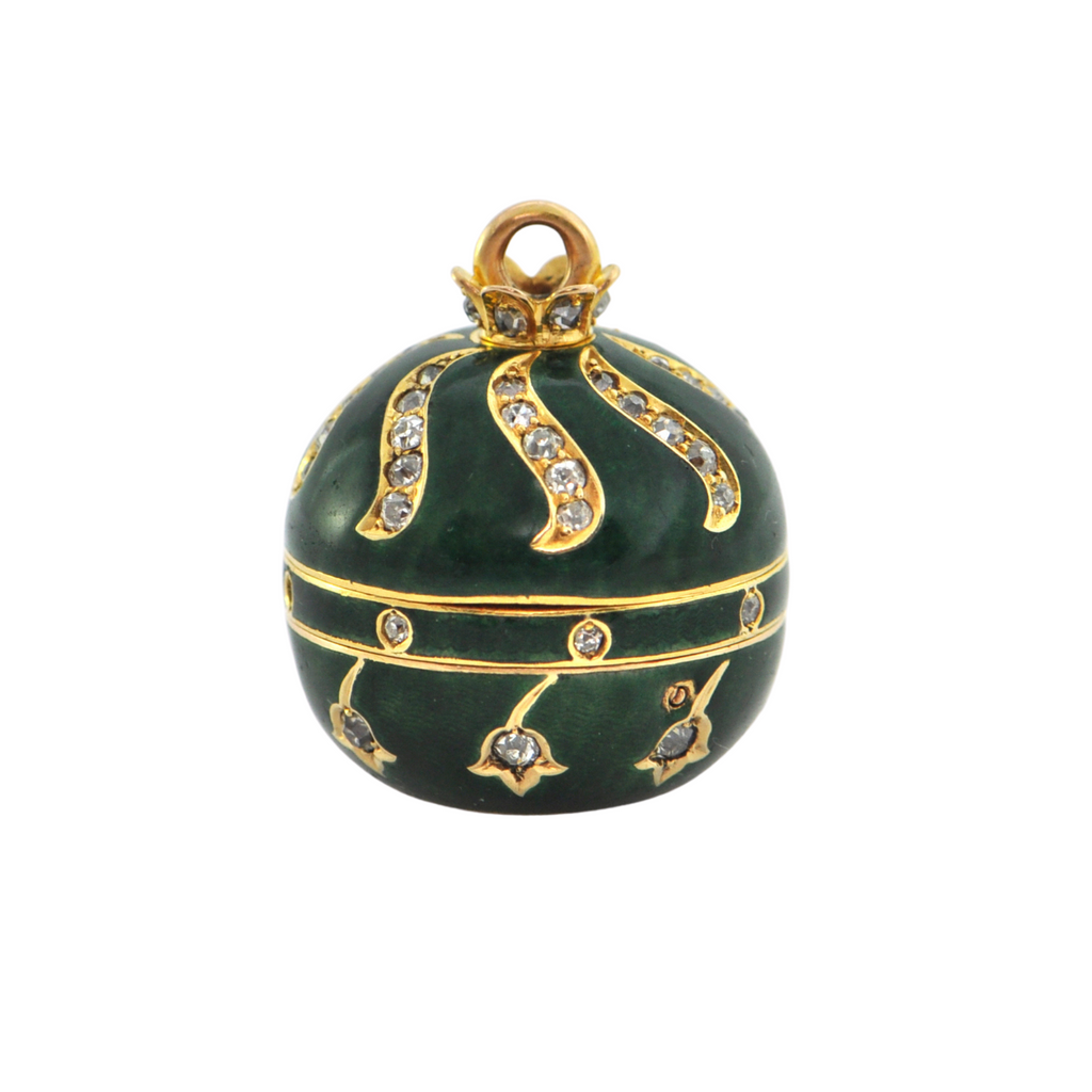 Antique French Green Enamel 18K Yellow Gold Ball Watch on Necklace C.1860-1880 + Montreal Estate Jewelers