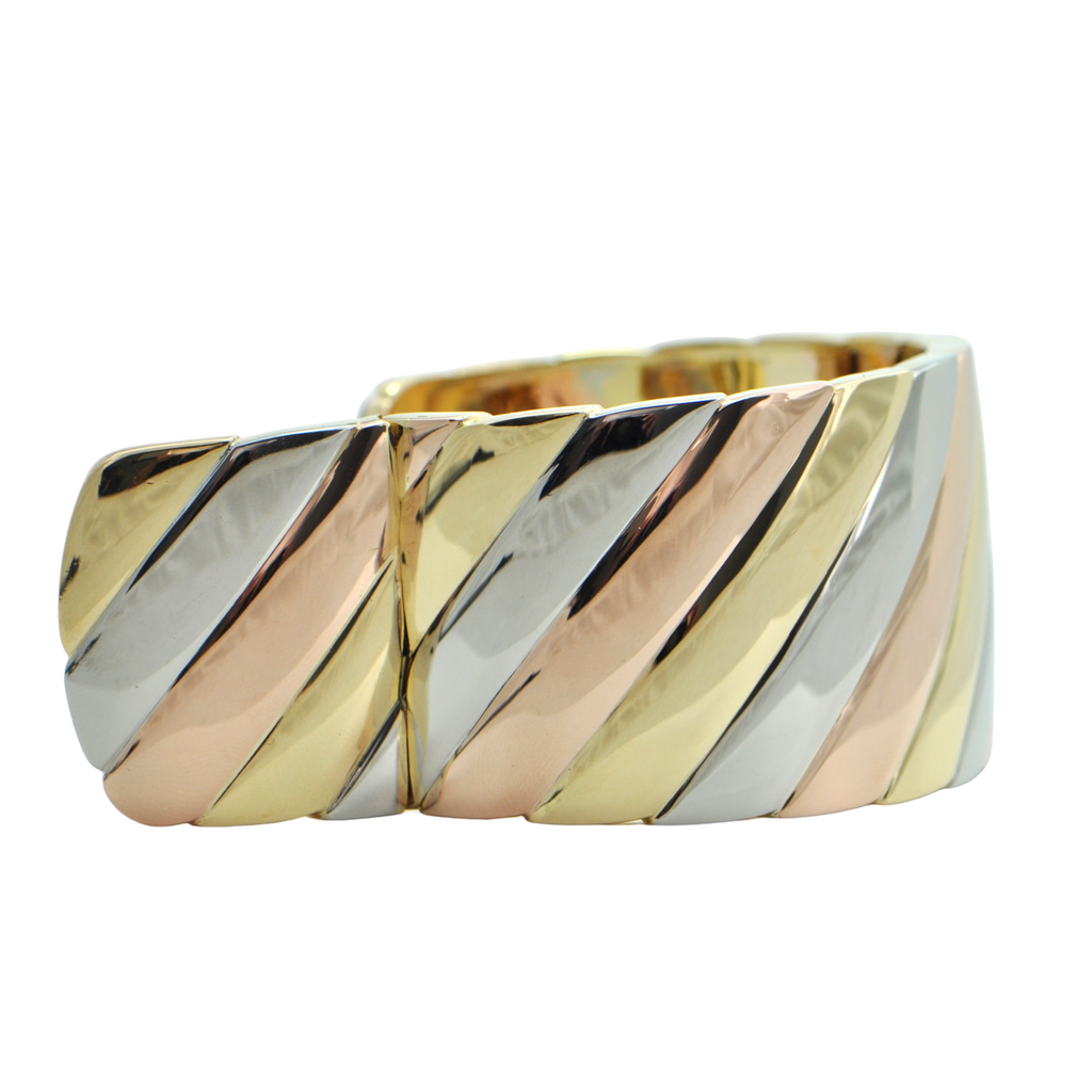 Italian 18K Yellow, White, and Rose Gold Hinged Cuff + Montreal Estate Jewelers