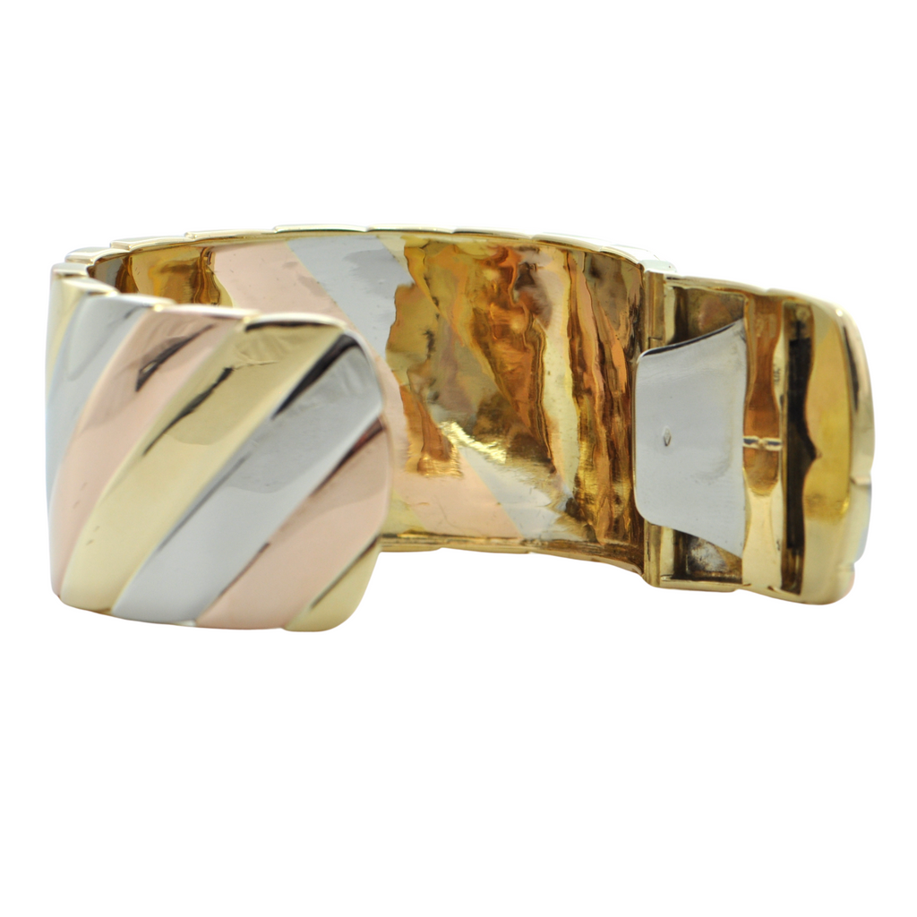 Italian 18K Yellow, White, and Rose Gold Hinged Cuff + Montreal Estate Jewelers