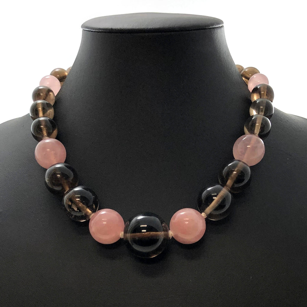 Vintage Smoky Quartz & Rose Quartz Bead Necklace C. 1940-1950 + Montreal Estate Jewelers